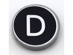 Tile, Round 2 x 2 with Bottom Stud Holder with Silver Capital Letter D on Black Background Pattern, Light Bluish Gray (14769pb425 / 6361054)