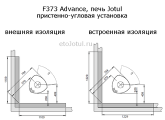 Установка печи Jotul F373 Advance BP диагонально в угол, отступы с изоляцией