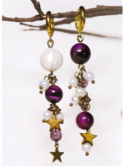"Звёздные маячки", асимметричные серьги с жемчугом, тигровым глазом и флюоритом