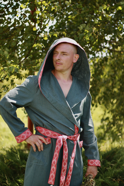 Халат для бани из крапивы "Легкий Пар" зеленый с капюшоном