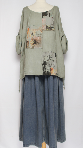 БЛУЗА ЛЁН КИМОНО "ГОРОД"голубая, морская волна, хаки до р.56