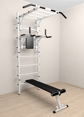 Шведская стенка в квартиру с турником рукоходом , брусьями и скамьей для пресса. С креплением к стене  "Рукоход"