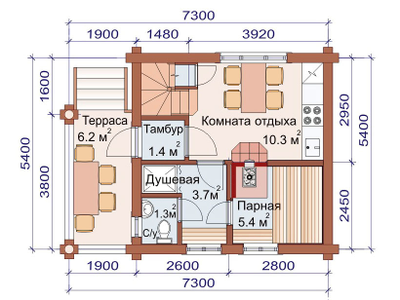 Дом-баня из бревна с балконом и террасой ДБ-11, площадь 64 м2