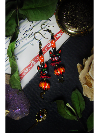 Серьги с котиками и тыквами "Легенды октября", украшение к Хэллоуину