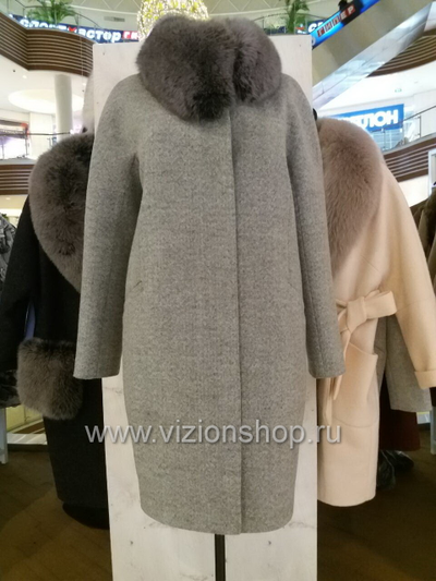 Пальто с меховым воротником стойка Артимода Artimoda 1739 светло - серое