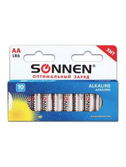 Батарейки SONNEN Alkaline, АА (LR06, 15А), алкалиновые, КОМПЛЕКТ 10 шт., в коробке, 451086