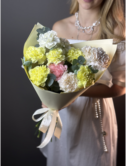 Букет из 11 разноцветных диантусов с эвкалиптом