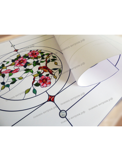 Витражная пленка, витражная пленка самоклеющаяся под заказ,пленочный витраж флора с птицами