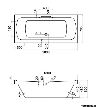 Ванна акриловая САНТЕК Корсика 1800х800х610 с каркасом 1.WH11.1.981