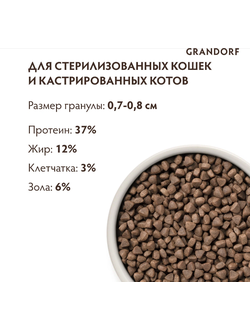 Grandorf (Грандорф) сухой корм для стерилизованных кошек и кастрированных котов Кролик с индейкой, 400 г