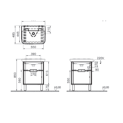 Шкаф VitrA Sento с раковиной, с 2 ящиками, 65 см, с LED подсветкой, цвет матовый антрацит, 60834