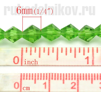 бусина стеклянная граненая "Биконус" 6 мм, цвет-зеленый, 10 шт/уп