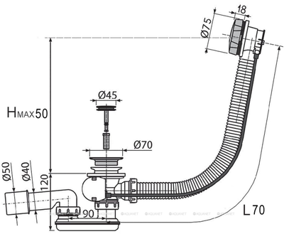 Сифон для ванны полуавтомат 1 1/2"х40, с гт 40х40/50 и пер.