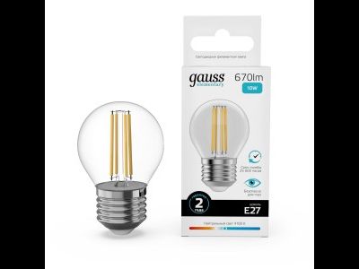 Лампа светодиодная Gauss Elementary Filament Шар Е27 10W(670lm) 4100К 76х45  прозр, стекло, нитевид 52220