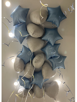 Голубые звёзды и белые сердечки 20 шт под потолок