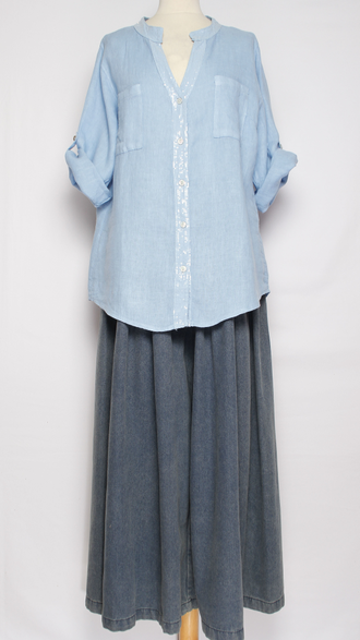 РУБАШКА ЛЁН "КРУЖЕВО НА СПИНЕ" голубая, синяя р.46-52