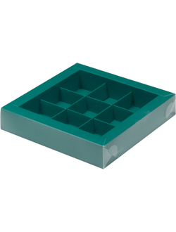 Коробка для 9 конфет с прозр. кр. (зеленая мат.), 155*155*30мм