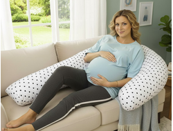 Подушка для беременных формы J , размер Big 280 см холлофайбер + наволочка на молнии сатин сердечки на белом Love