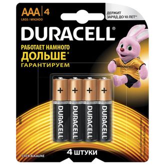 Батарейки DURACELL Basic, AAA (LR03, 24А), алкалиновые, КОМПЛЕКТ 4 шт., в блистере, MN 2400 AAA LR3