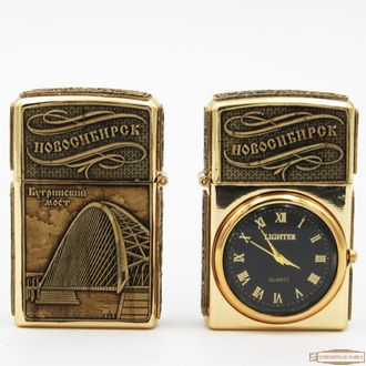 зажигалка Новосибирск бугринский мост с часами золотая с берестой