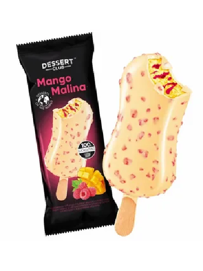 Эскимо Dessert Mango Malina с пюре манго с малиновым джемом в белом шоколаде с кусочками малины 70гр