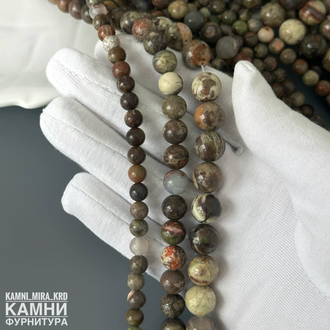 Яшма пейзажная с халцедоном шары 6,5-6,6/8,6-8,7/10,6-10,7 мм, цена за нить 19 см