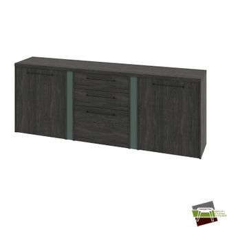 Тумба трехсекционная с 2 ЛДСП дверьми и 3 ящиками 2220х424х838 G-691.01_Дуб Шерман антрацит/Зеленый камень