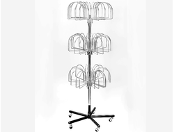 ST096 Стойка 3-х ярусная напольная на колесах для вязаных шапок 96 мест, цвет: хром-черная