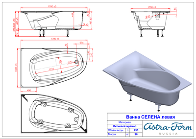 Astra-Form ванна Селена Solid Surface левосторонняя 170/100 см белая матовая