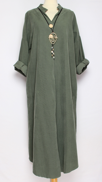 Платье Бохо вельветовое "СТОЙКА ЗАЩИП ПУГОВКИ" джинс, хаки  до р.52