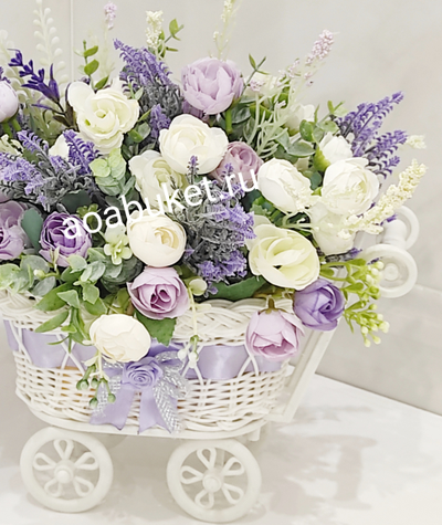 Композиция из коллекции искусственных цветов в колясочке № М027/Купить Москве на сайте АОАБУКЕТ