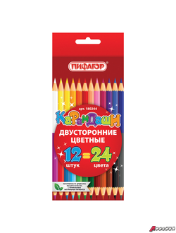 Карандаши двухцветные ПИФАГОР, 12 штук, 24 цвета, заточенные, картонная упаковка. 180244