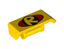 Vehicle, Spoiler with Bar Handle with Letter R inside Black Circle on Red Oval Pattern, Yellow (98834pb07 / 6145441)