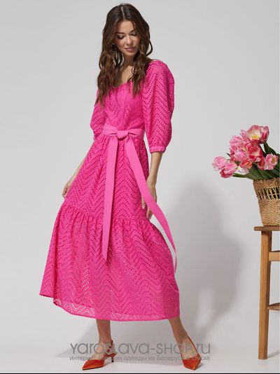 Нарядное платье с воланом из хлопка, ткань-шитьё малинового цвета