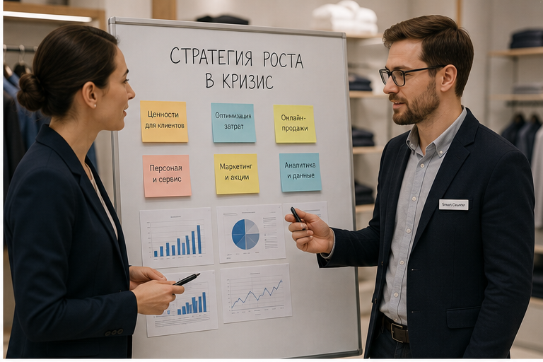 Владельцы магазина обсуждают стратегию роста продаж Smart Counter