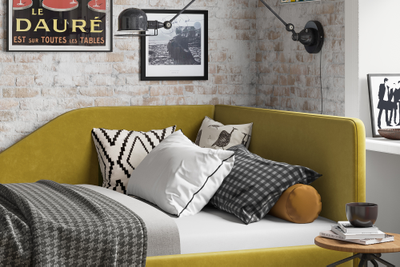 Угловая кровать, тахта, софа, подростковая MyCloud Муза, с подъемным механизмом, бельевым ящиком, боковой спинкой, ножки под робот пылесос