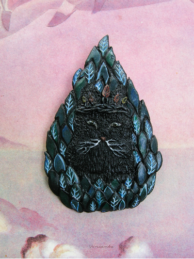 Необычная брошь в стиле Энди Кехо "Кот Леса - Дух Ветвей"