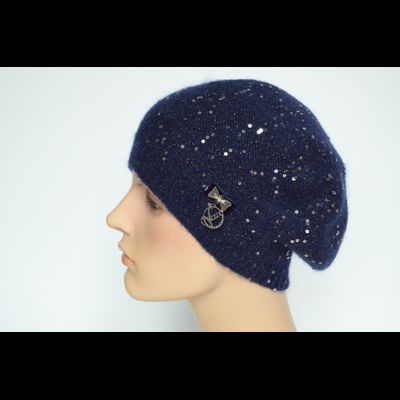 Синий берет вязаный с пайетками Vizio Италия 6943 BO тонкий