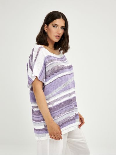 Летний вязанный топ в полоску лиловый с серебром