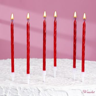 Свечи в торт витые с подставкой, 6 шт, 14 см, рубиновые