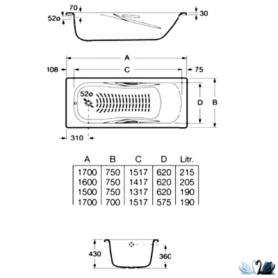 Ванна Roca Princess 170 х 70 см 2209E0000, стальная, толщина стали 2,4 мм