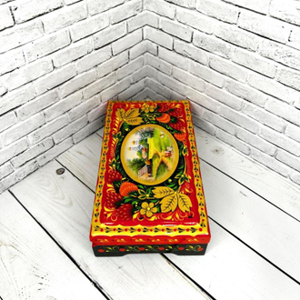 Шкатулка для денег Летний пейзаж 180х100 мм деревянная с росписью Хохлома