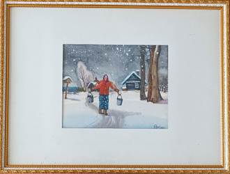 "Зимой в деревне" бумага акварель, белила Михайлов О.Ю. 2000 год