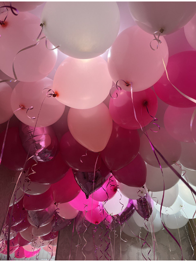 Шары розовые, белые и розовые сердечки 100 шт под потолок