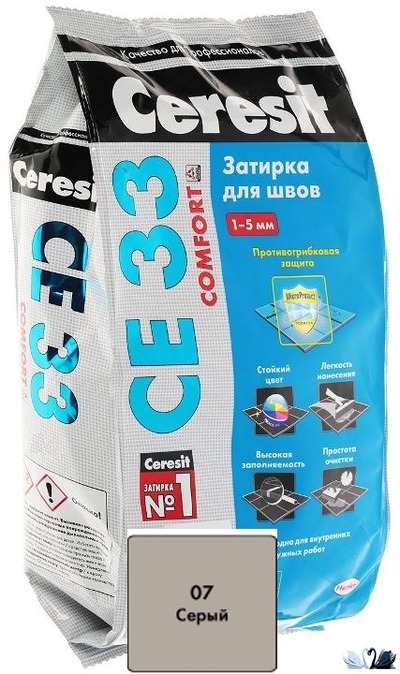Затирка для плитки Церезит СЕ 33 Серая, 2 кг, с противогрибковым эффектом