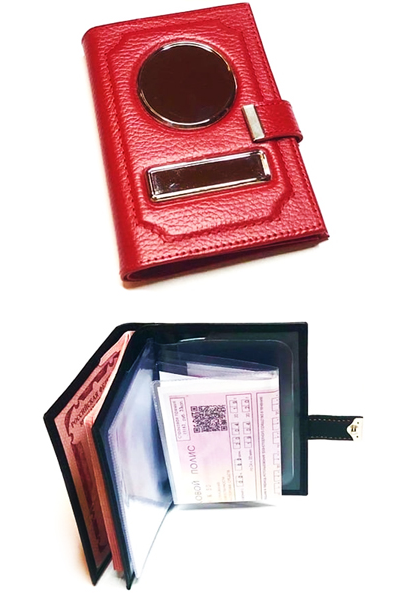 Кожа: ЗЕРНИСТАЯ. Цвет: КРАСНЫЙ. Прошивка: КРАСНАЯ. Обложка 2в1 на заклёпке. Автодокументы + ПАСПОРТ. Вставки: ЗОЛОТО