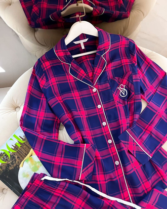 Пижама Виктория Сикрет хлопок 3в1 клетка синяя 44