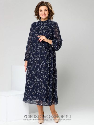 Модель: 1-2755.Женское шифоновое платье с цветочным принтом на синем фоне