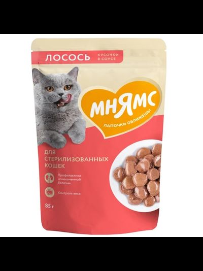 Мнямс влажный корм (пауч) для стерилизованных кошек, кусочки в соусе с лососем 85 г