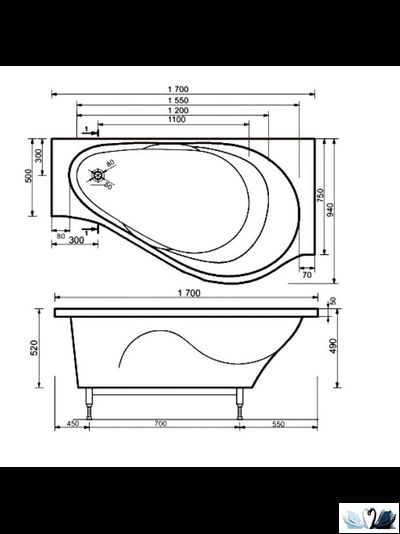 Ванна Эстет Грация 170 x 94 см, каменная правая, угловая, асимметричная